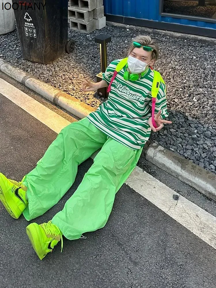 Oversized Y2k Green Dopamine Workwear Parachute Pants Men's Fashion Casual Trousers Men Loose Street Hip-hop Sports Korean Wave