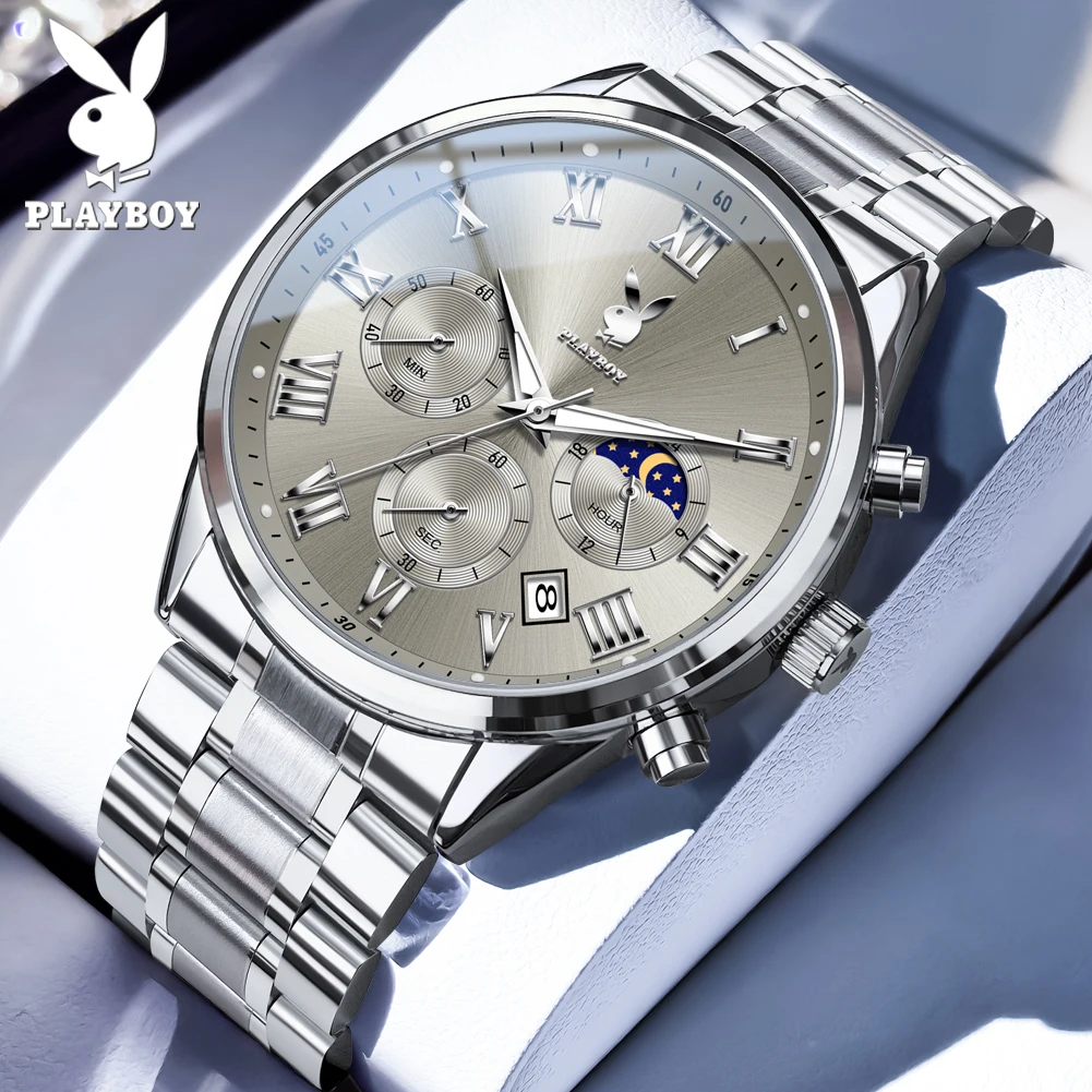 

PLAYBOY 3091 Роскошные мужские часы с фазами Луны, хронографом, циферблатом с римскими цифрами, водонепроницаемые, кварцевые, из нержавеющей стали, деловые наручные часы