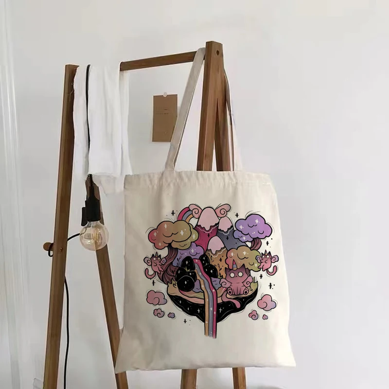 Bolso De Compras reutilizable para mujer, Bolsa De lona con estampado De dibujos animados, De hombro, a la moda