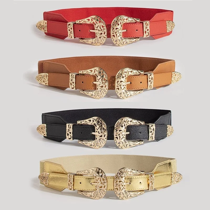 

Retro Carved Hollow Double Buckle Wide Elastic Waist Belt Women's Fashion Accessory Versatile Belted Waist Seal
