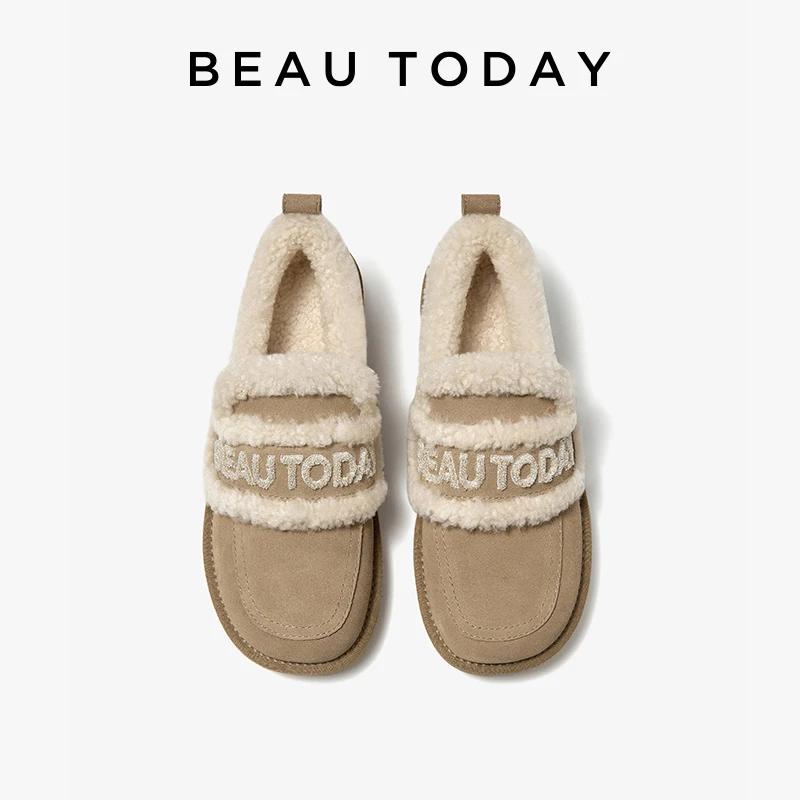

BEAUTODAY Furry Shoes, женские лоферы из коровьей замши, женская зимняя теплая обувь без шнуровки с круглым носком, ручная работа 27854