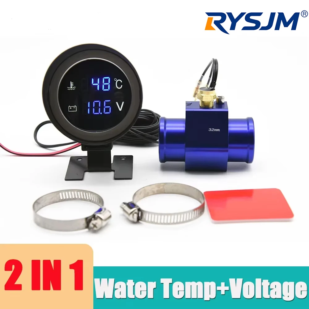 LED Digital Water Temp Gauge 2 in 1 Round Voltmeter With Temperature Sensor 1/8NPT Radiator Joint Pipe Adapter 26MM~40MM 12V24V
