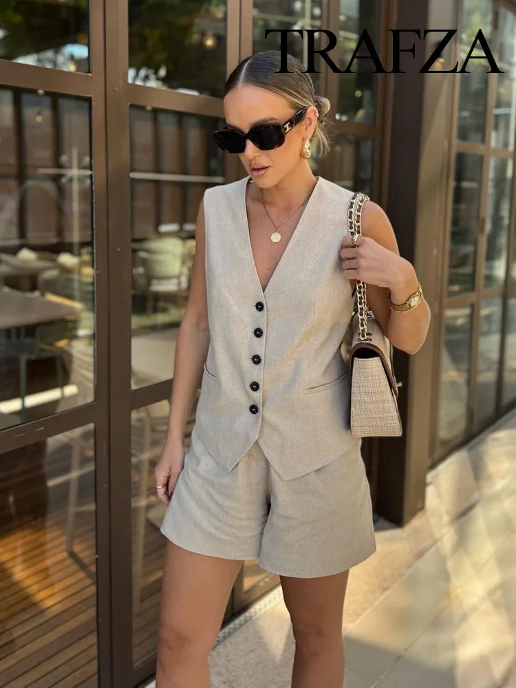 TRAFZA Vintage Pant Sets For Women Solid Linen V Neck Waistcoat Single Breasted Loose Vest Top Chic Woman Elegant Shorts Suit