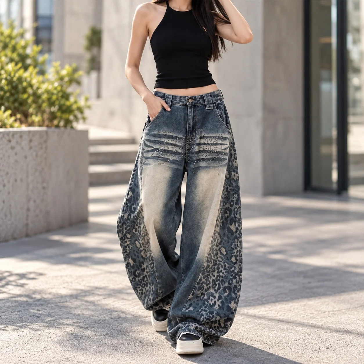 Wide Leg Washed Finish Jeans Loose Fit Minimalist Commute with Ol Commute Whiskering No Stretch Distressed Casual Women Jeans