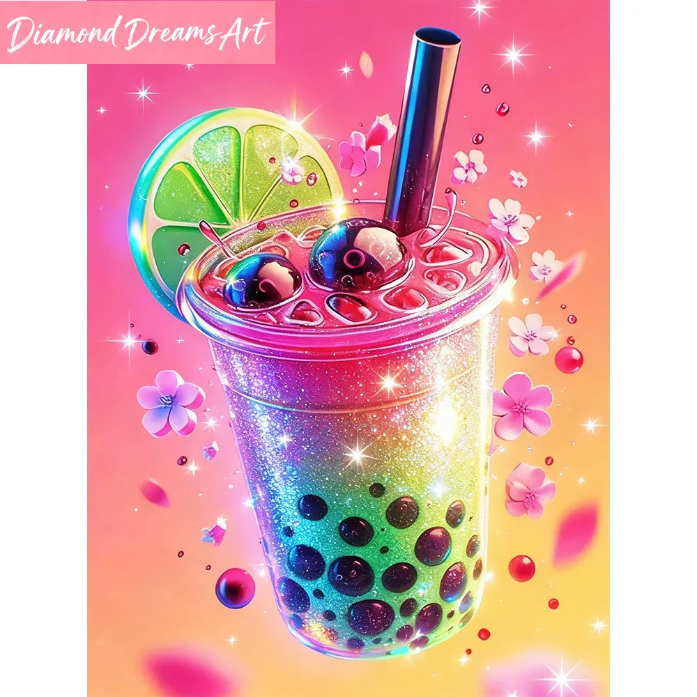 Frameless, DIY Diamond Painting Bubble Tea Embroidery Lemon Full Square Round Drill Mosaic Cartoon Creative Leisure Handmade Gif
