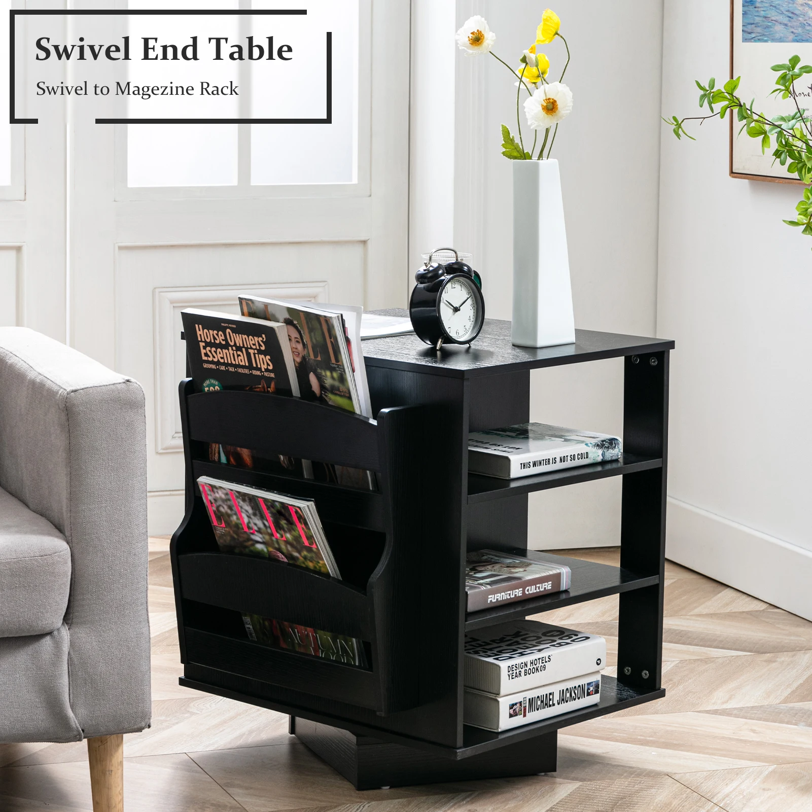 Rotating End Table, Modern End Table with Magazine Rack and Drawers, Revolving End Table with Open Storage Shelf