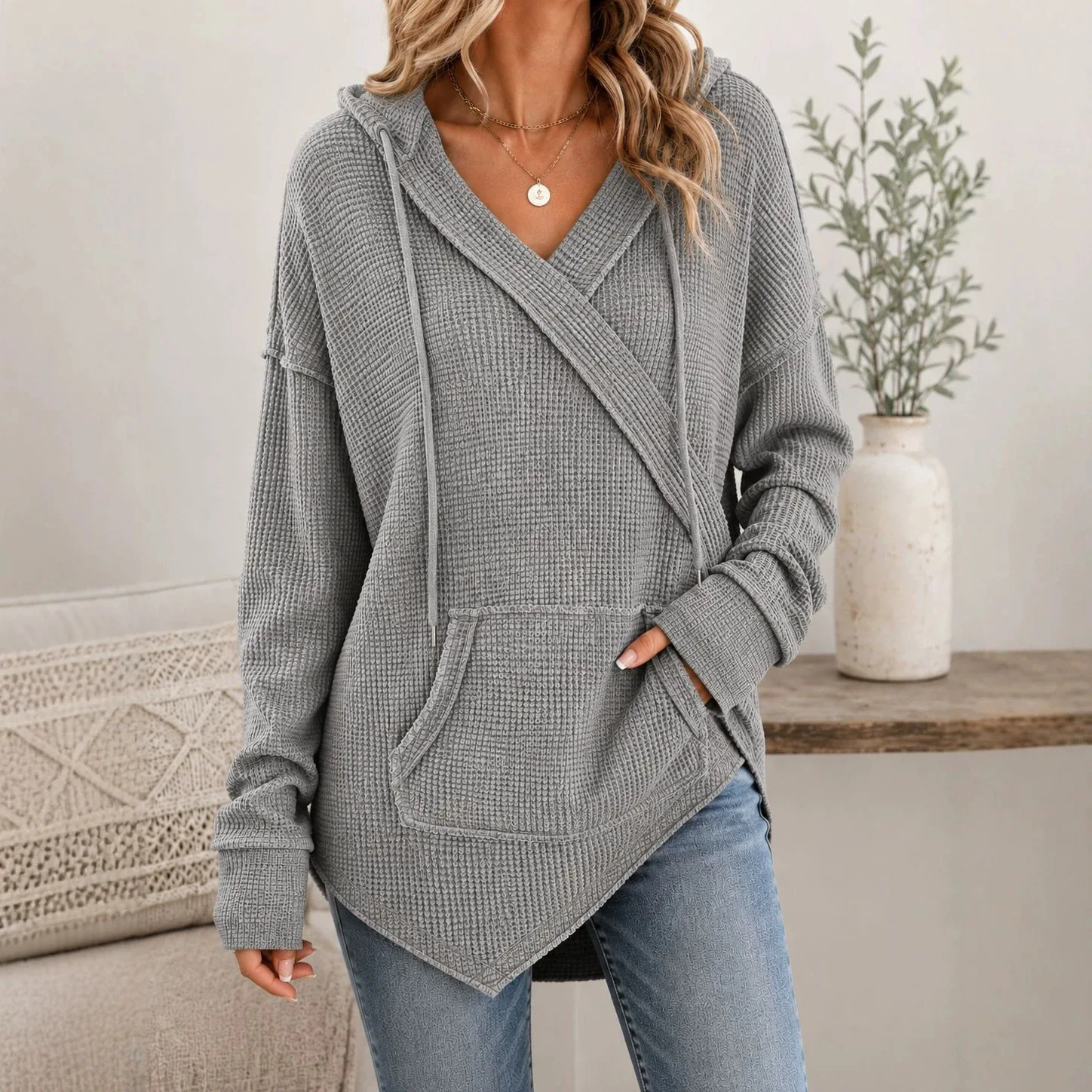 Women's Hooded Sweatshirt Wrap V Neck Long Sleeve Drawstring Pocket Irregular Hem Loose Fit Trendy Elegant Commute Casual Hoodie