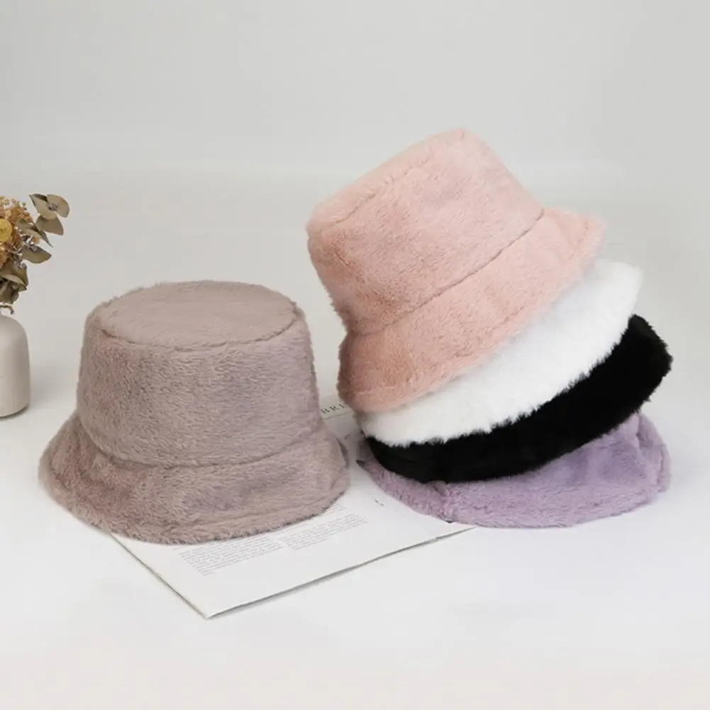 Solid Color Fisherman Hat Imitation Rabbit Fur Fisherman Hats for Women Warm Winter Bucket Hat with Wide Brim Streetwear Fashion