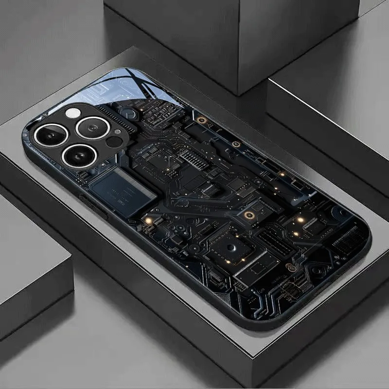 أسود بارد لوحة دوائر كهربائية نمط الزجاج قضية الهاتف آيفون 17 برو ماكس 16 15 14 13 12 11 برو 16E 17Air 7 8 زائد XR XS X غطاء