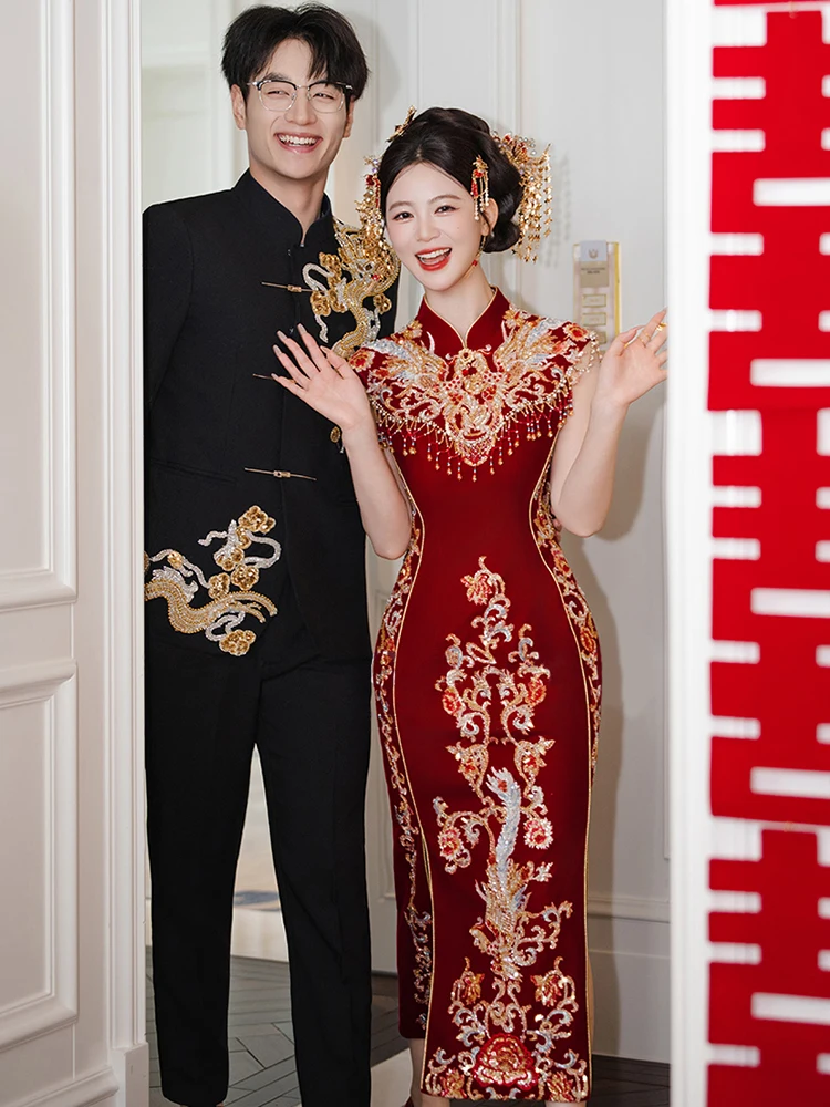 

Красное китайское свадебное платье в стиле ретро, средней длины, на заказ, для невесты