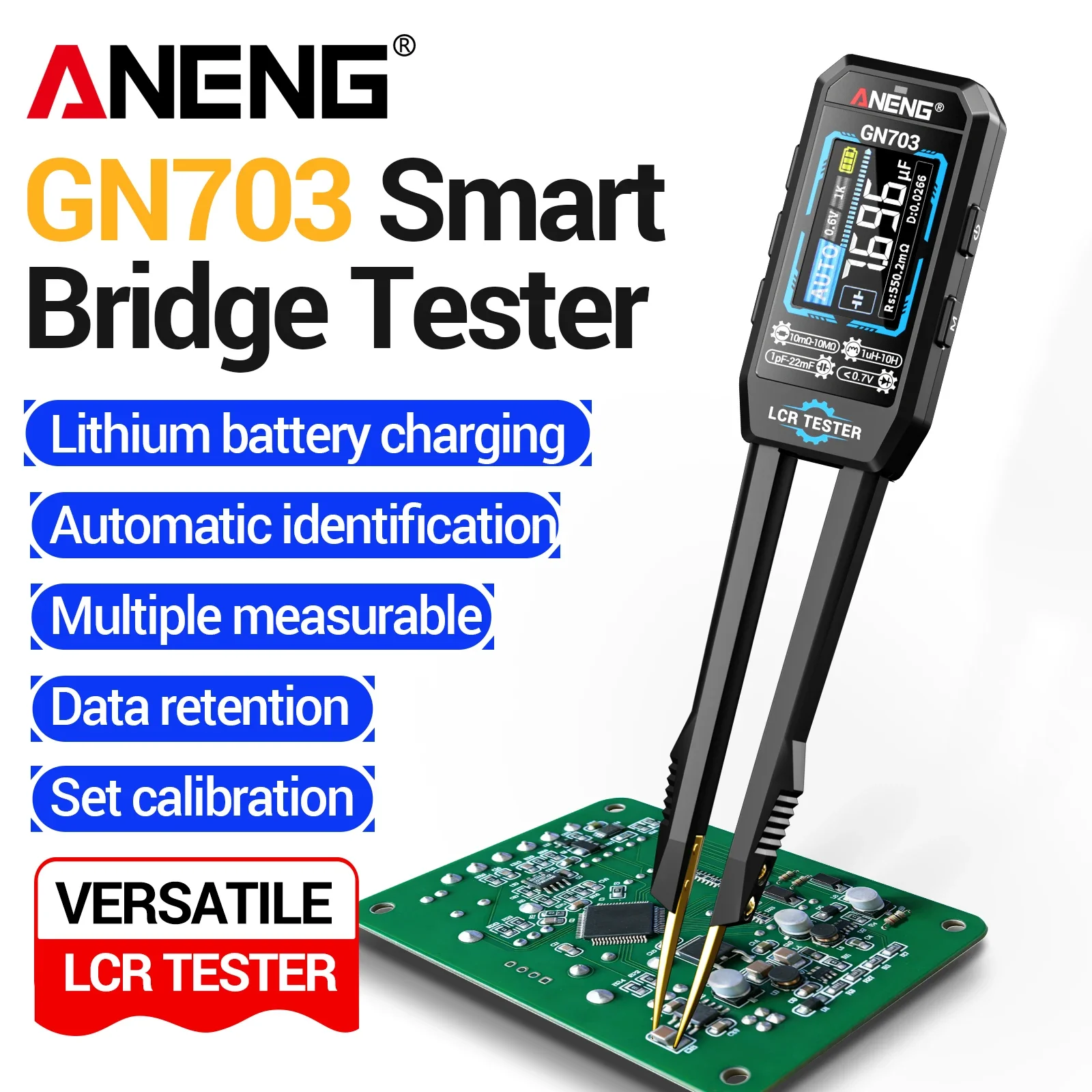 ANENG GN703 Smart Tweezers LCR Meter 100Hz/1KHz/10KHz ESR Capacitance Resistance Inductance Tester SMD Component Measuring Tool