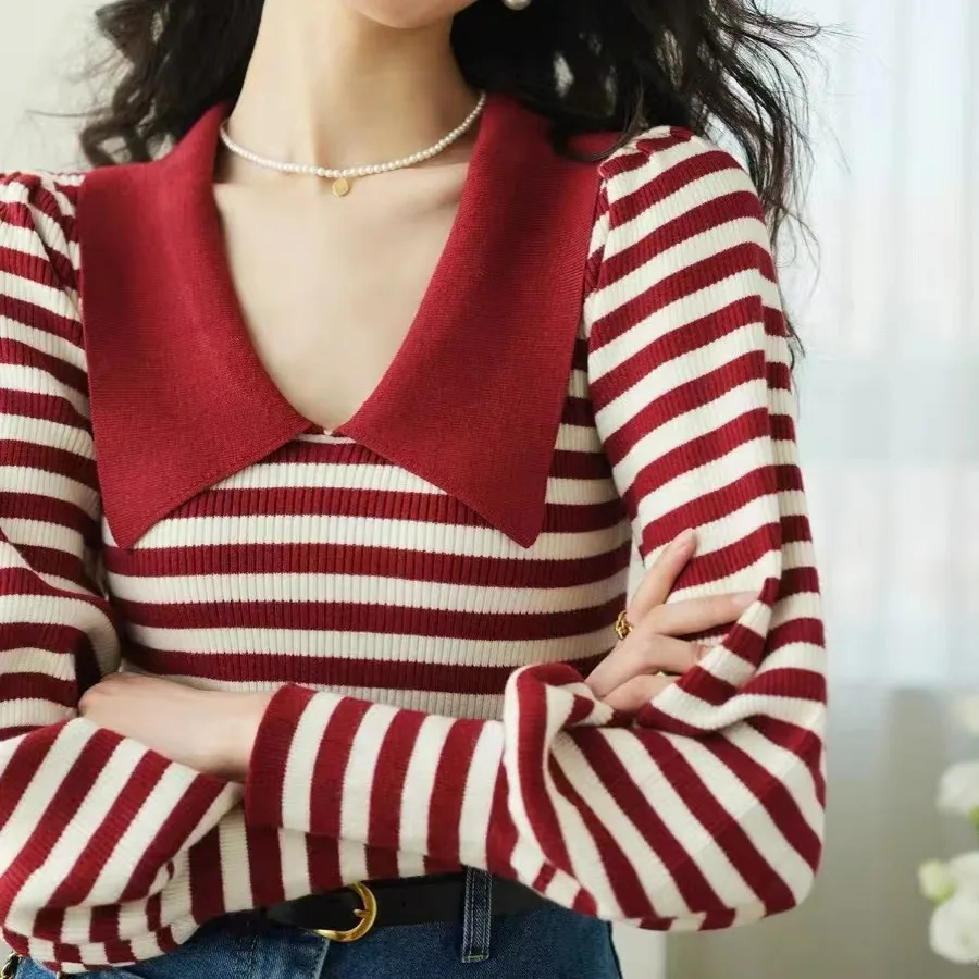 เสื้อสเวตเตอร์ถักคอปกตุ๊กตาสำหรับผู้หญิง แฟชั่นแขนยาวลายทาง เสื้อไหมพรมถักแบบสวมหัวสำหรับผู้หญิง รุ่น Q2268