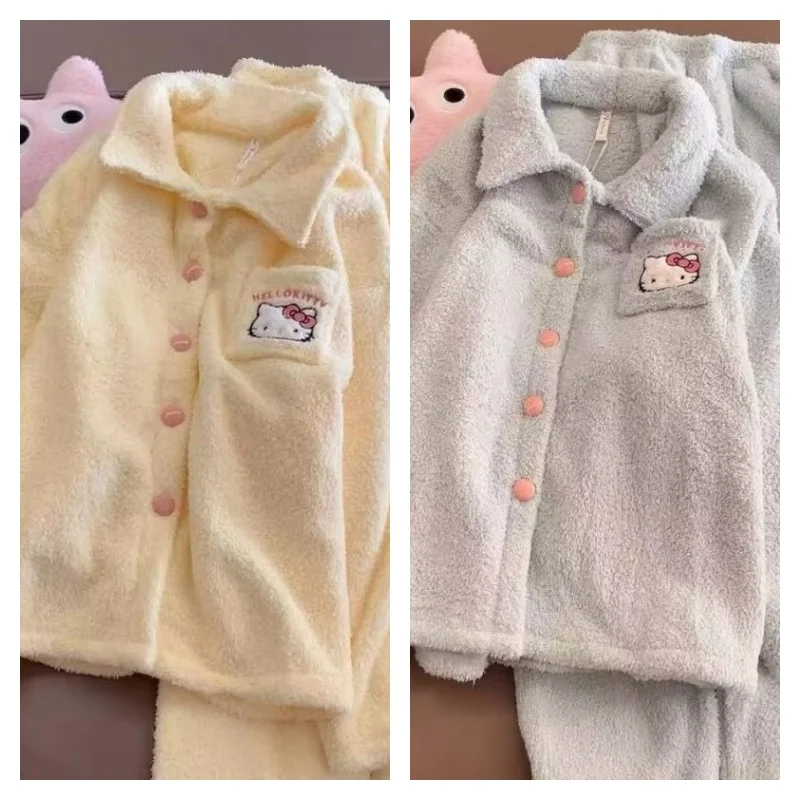 

Женский комплект пижам Kt из кораллового флиса с длинными рукавами, утепленный, милый, простой, для дома, осень-зима-весна, ночная одежда