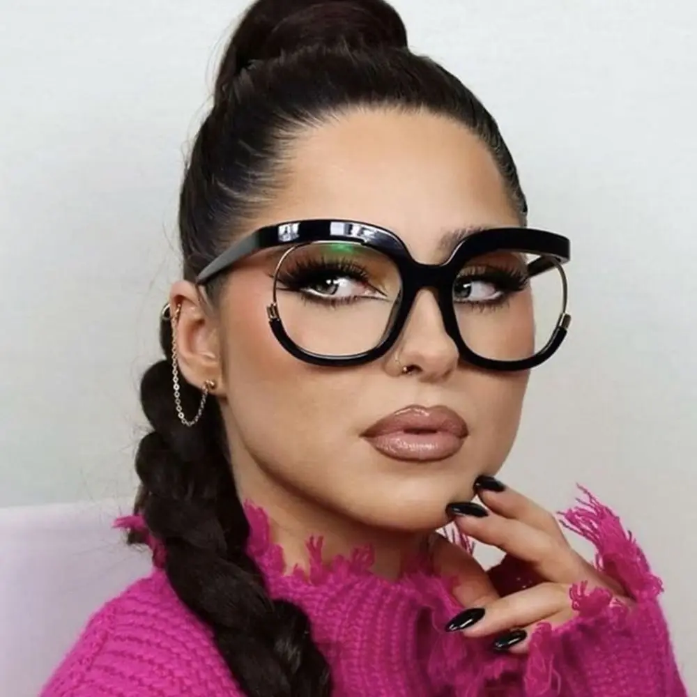 Trendy Street Photography Round Oversized Ladies Fake Eyewear Anti Blue Light Glasses Computer Glasses Eyeglasses Frame