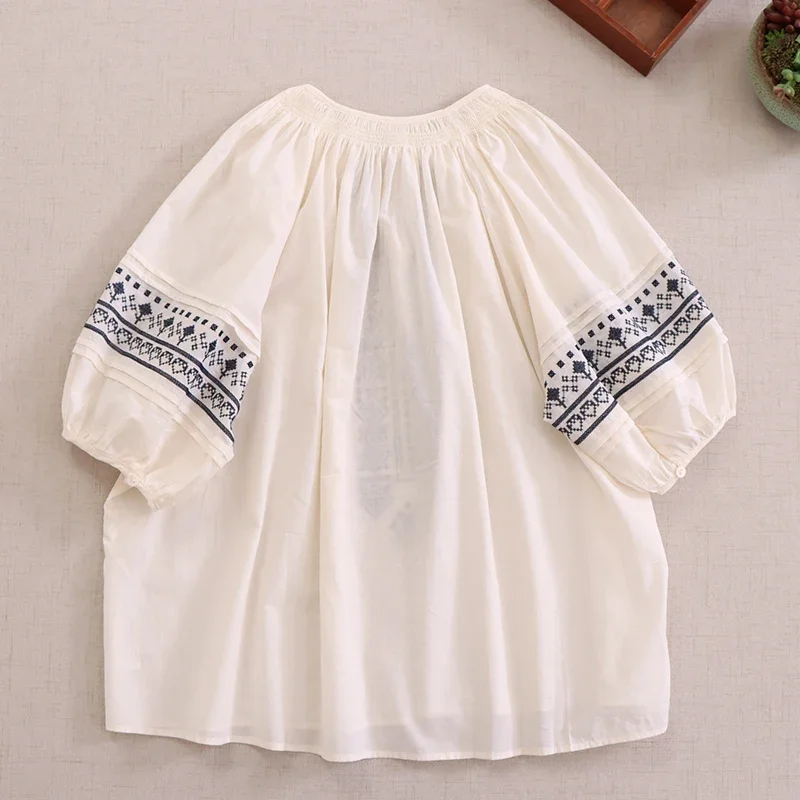 

Japan Style Mori Girl O-Neck Embroidery Half Sleeve Shirt Loose Cotton Blouse Women