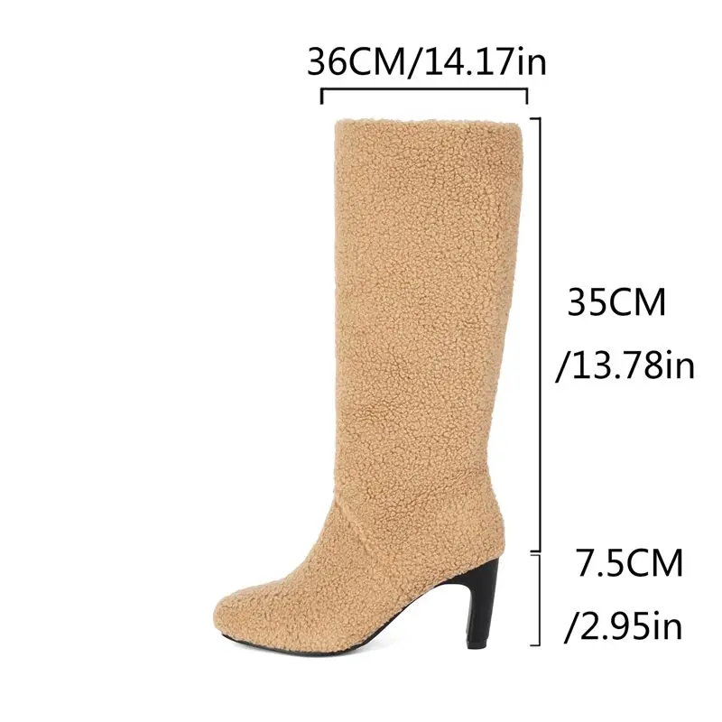 

ORCHA LISA 2025 New Women's Knee High Snow Boots Round Toe 7.5cm Block Heel Slip On Flock Large Size 42-44 Warm Daily Winter