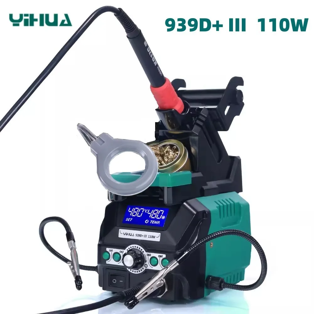 

110W YIHUA 939D+ III Soldering Iron Station with LED Magnifier 2 Alligators 4 Menory Channels 200℃~480℃ Desoldering Rework Tool