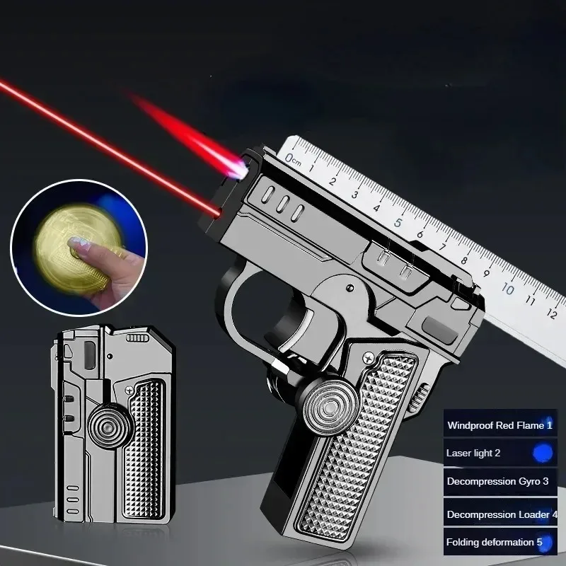 Multi Functional Folding Dual Form Decompression Gyro Gun Shaped Lighter with Creative Deformation and Windproof Red Flame