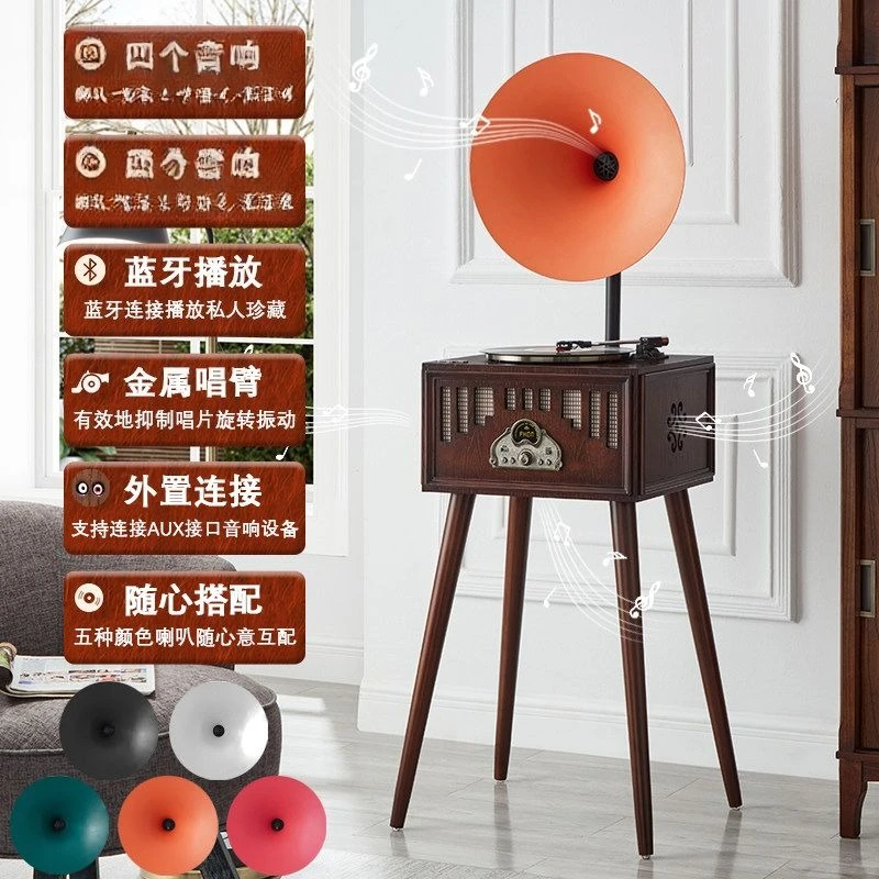 Floor-to-ceiling retro phonograph, solid wood vinyl record player, European-style living room, old-fashioned handmade stereo