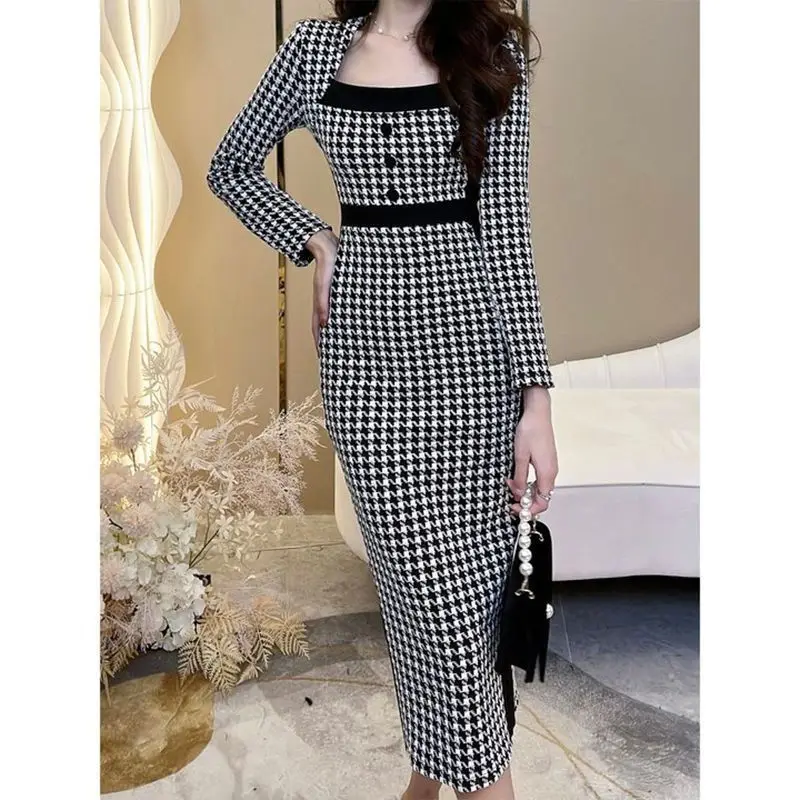 Abbigliamento donna Office Lady Simplicity Vintage Fashion colletto quadrato allentato bottoni Casual Patchwork Sweet Temperament Dresse