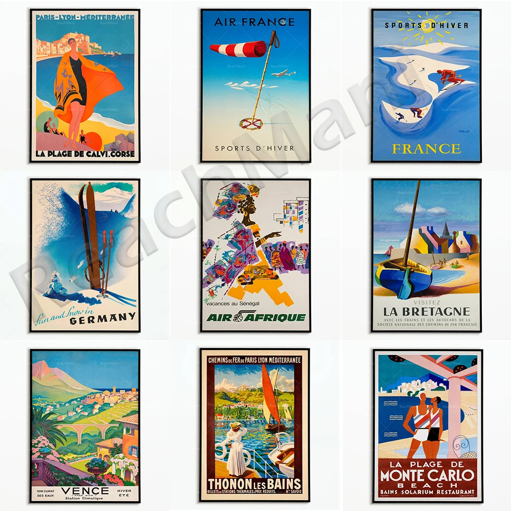 Póster de viaje de Monte Carlo Beach, Air Senegal, África, Escocia, Alps, esquí, Playa Calvisica, Vence 1930, thonon-les-bains, Francia