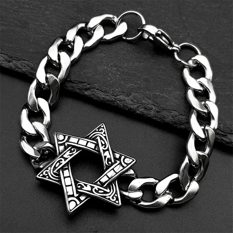 

Jewish Star Of David Stainless Steel Bracelet for Men Women Silver Color Israel Hexagram Punk Hand Chain Amulet Jewelry Gift
