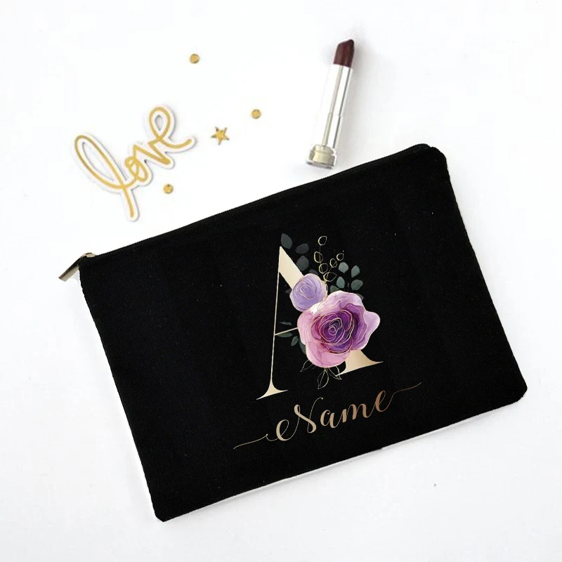 Customized Name Letter Black Makeup Bags Lipstick Stationery Storage Bag Mother Gift Women Canvas Wallet Travel Essential Pouch