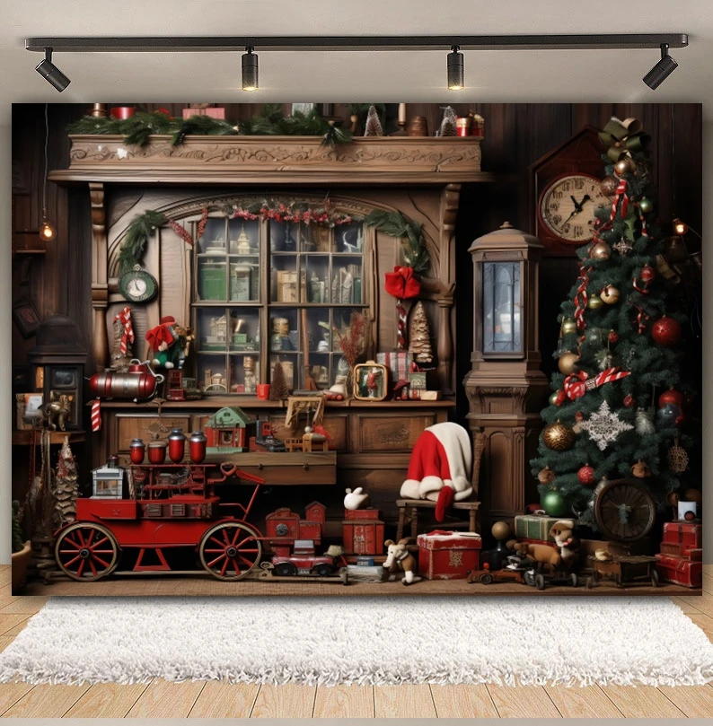 Rural Christmas Backdrop for Photography Rustic Wooden House Xmas Tree Gift Cabinet Winter Family Party Baby Portrait Background