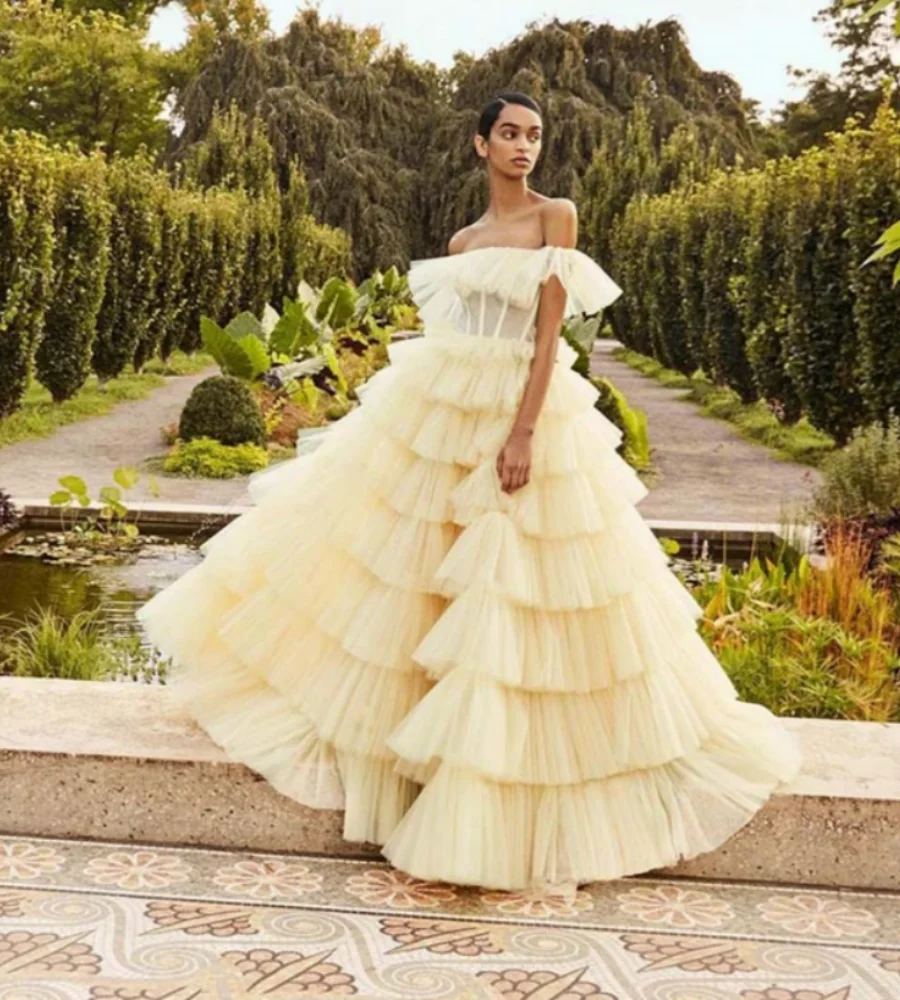 OUSIRUI Off Shoulder Evening Dress Exquisite Wedding Dress Ruffle Multi-layer Tulle Prom Dressess Yellow Prom Dress Custom #4