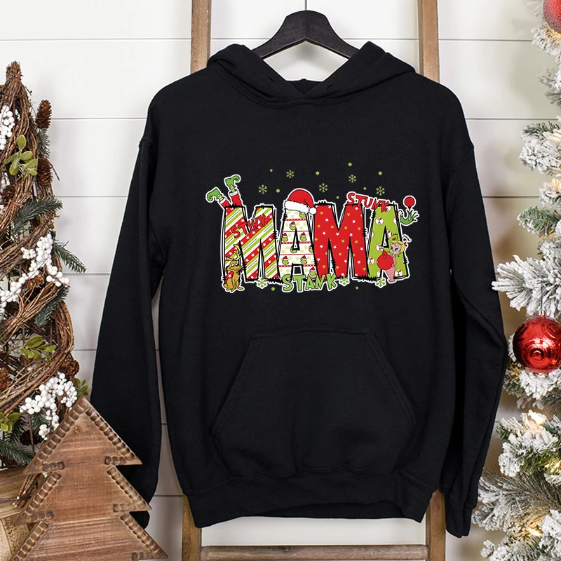 Christmas Mama Cartoon Pullover Hoodie Merry Christmas Gift for Mom Retro Santa Print Christmas Mama Holiday Classic Sweatshirts