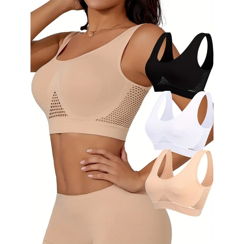 3PCS Women's Fitness Bra Single-Layer Thin Hollow Out Adult Women's Intimate Underwear Women's Gathered Back Vest Running Bra fo