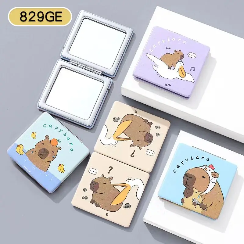 Capybara Cartoon Mini PU Makeup Mirror Magnify Foldable Double Pocket Small Makeup Mirror for Travel Beauty Cosmetic Tool Gift