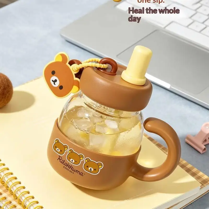 Rilakkuma Glass Straw Cup Large Capacity Heat Resistant Water Bottle With Handle For Office Home Daily Drinking