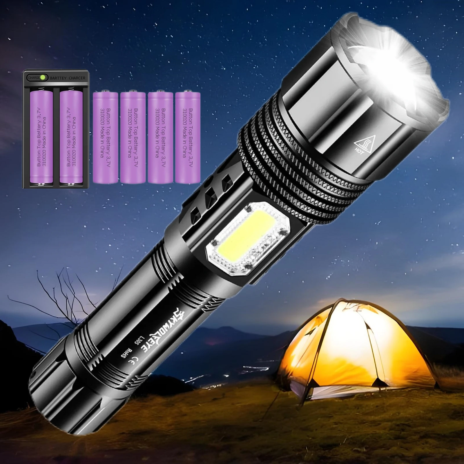 

Skywolfeye High Lumens LED Flashlight Rechargeable USB Zoomable Torch Camping Lamp with COB Side Light