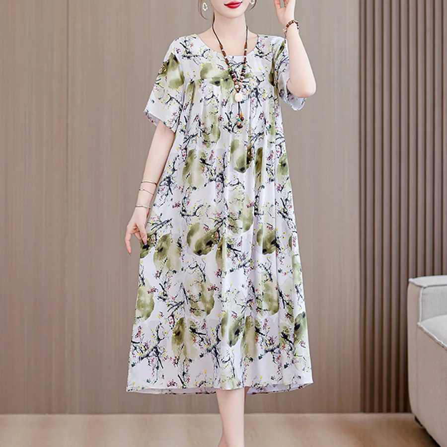 New Casual 2024 Women summer Dress Floral Print short Sleeve Vestidos Elegant Vintage O-Neck Plus size Dresses