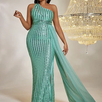 TOLEEN Women Plus Size Maxi Dresses Formal Elegant Sequin Dress One Shoulder Skew Neck Sexy Tight Wrap Buttock Dress