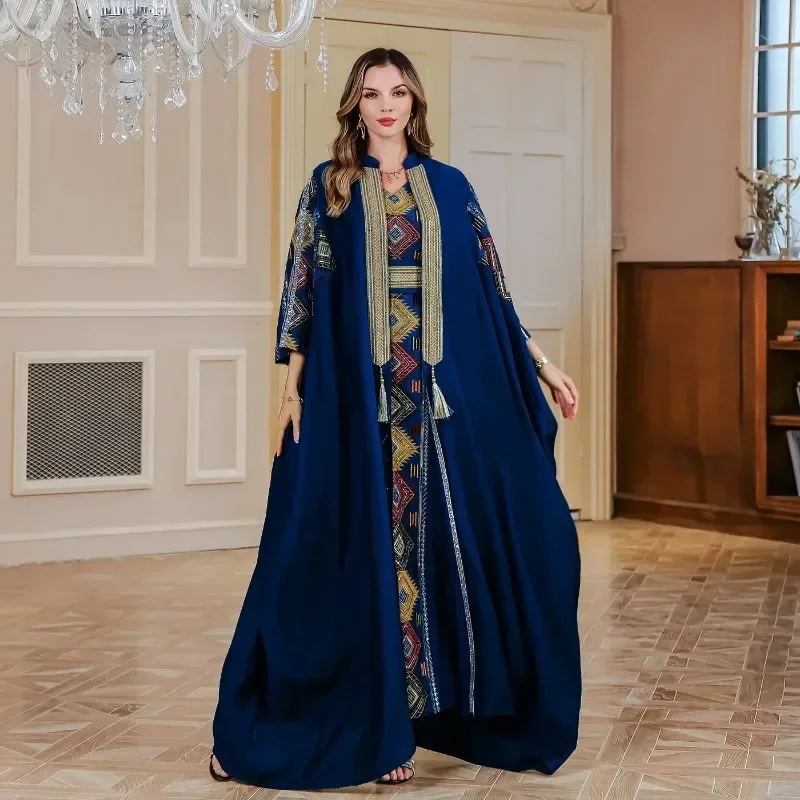 2025 Eid musulmán conjunto de 2 piezas Vestidos bordados para mujer traje Abaya abierto Jalabiya Ramadán Dubai Kaftan Vestidos de fiesta cárdigan bata