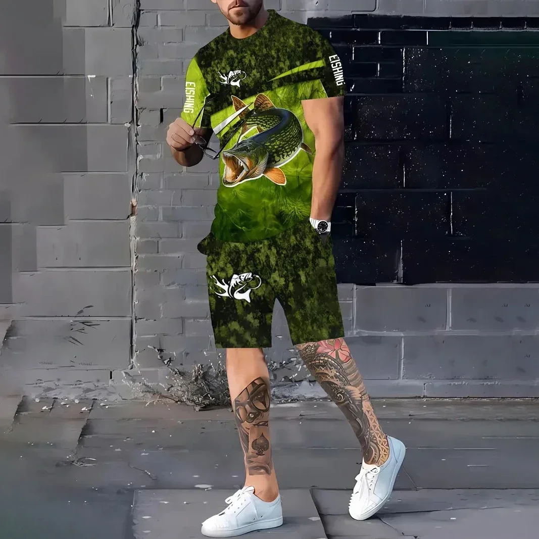 

2025 Outdoor Men's T-shirt and Shorts Set Fishing 3D Printed Summer Comfortable Short Sleeve Round Neck Casual Sports Style
