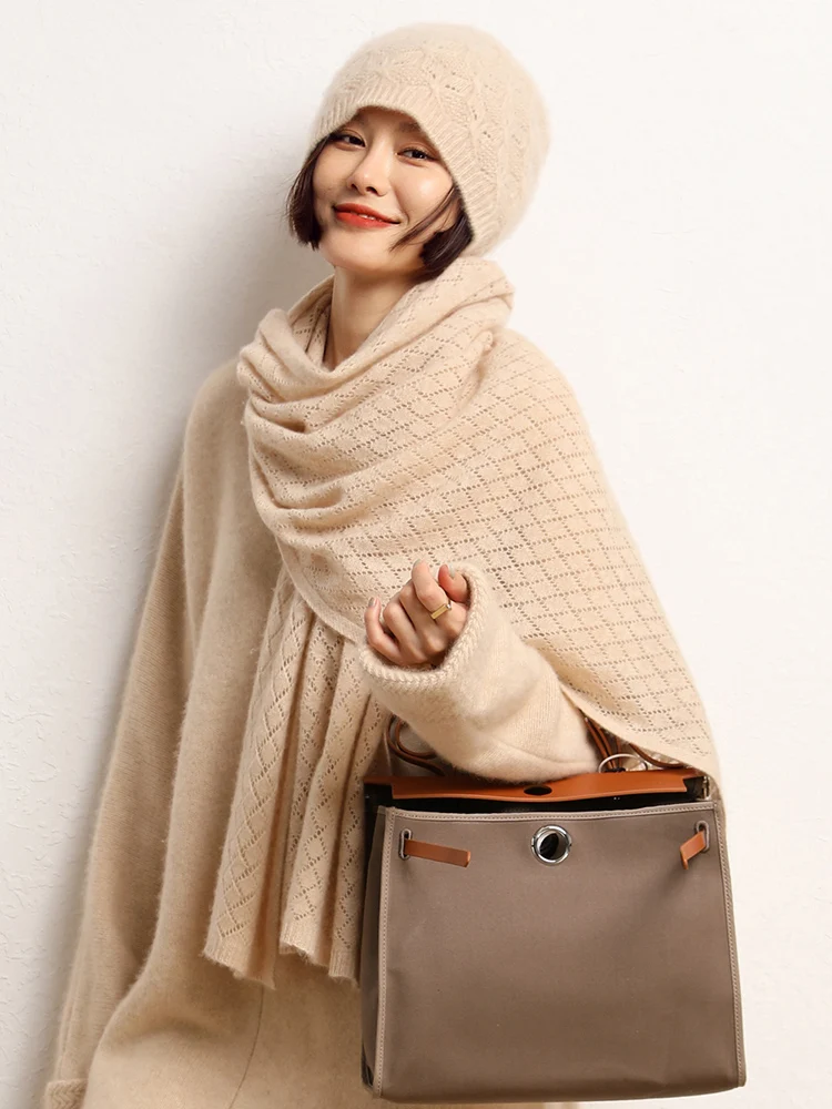 High-end 100% Cashmere Knitted Wraps For Women 2 Purposes Hollow Out Scarf Korea Fashion Pashmina Scarf Warm Soft Wollen Shawls