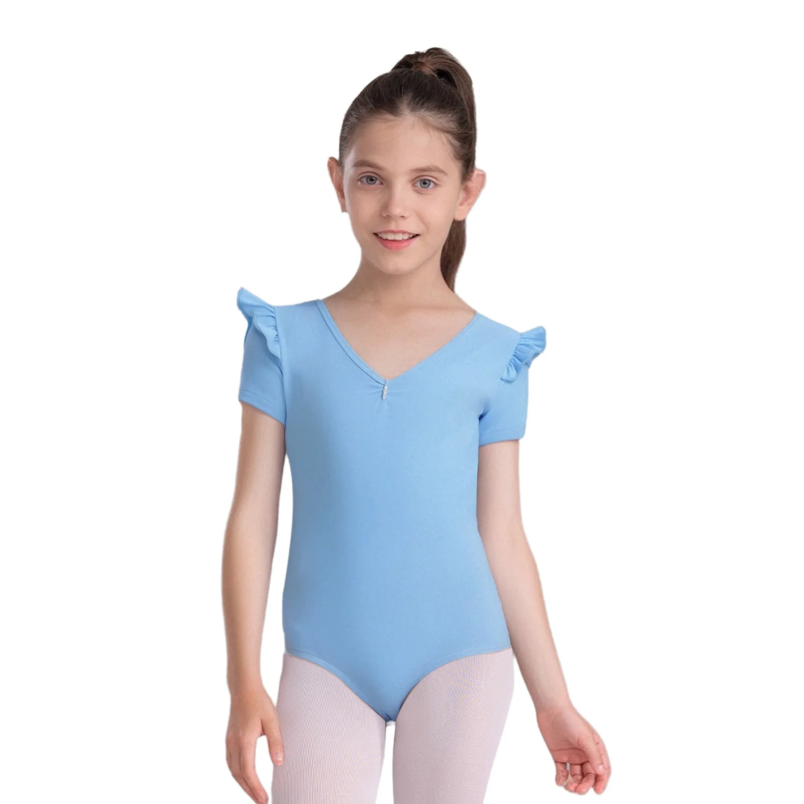 

Kids Girls Ballet Dance Leotard Cotton Cute Ruffle Short Sleeve V-Neck Ruched Bodysuit for Practice Examination Performance