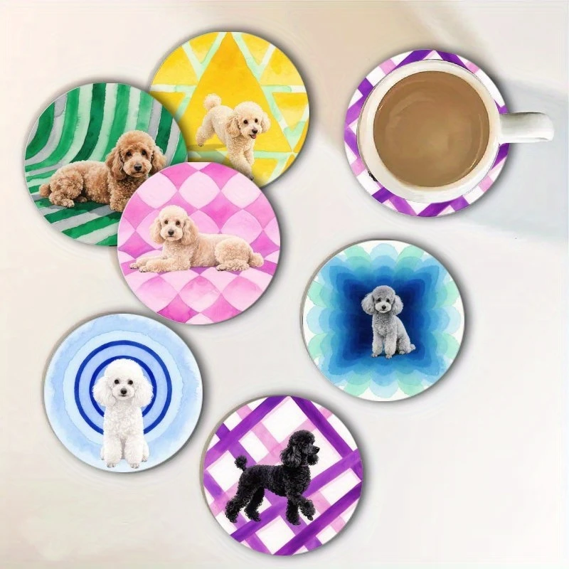 2D Cartoon Bichon Frise Poodle Dog Wooden Coaster Heat-resistant Fun Colour Printing Cup Mat Table Decor Cafes Restaurants Gifts