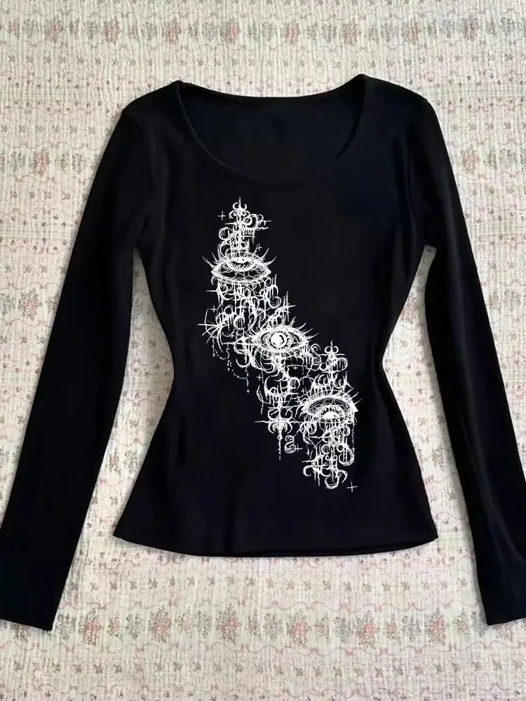 Doux fleur graphique femmes t-shirts hauts Emo filles Sexy à manches longues gothique Punk imprimé à manches longues t-shirts vêtements de mode 2000s Kawa
