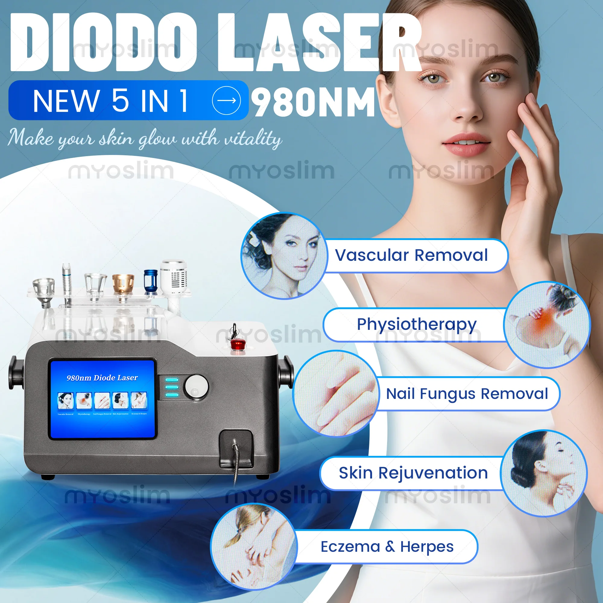 

New 980 nm 5 in 1 Diode Laser Machine for Skin Fungal Infection Image Vascular Vein Removal Nail Fungus Removal Device