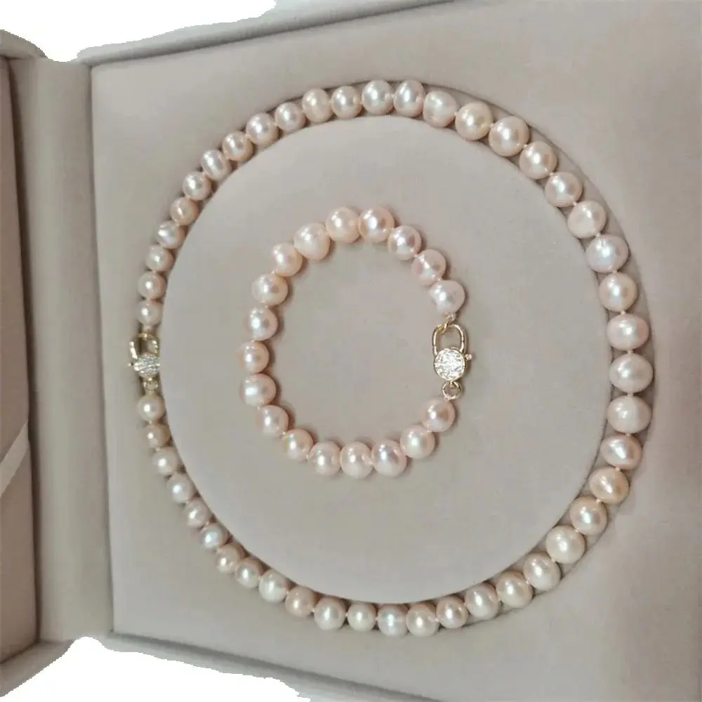 

Fashion Necklace AAA9-10mm Natural Pink Pearl 45cm Necklace+19cm Bracelet Set 925s