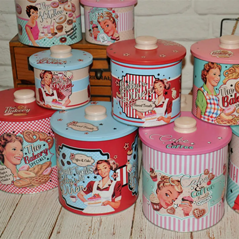 3Pcs/Lot Vintage Pretty Girl Large Capacity Metal Box Snack Candy Coffee Storage Sealed Cans Household Kitchen Store Content Box