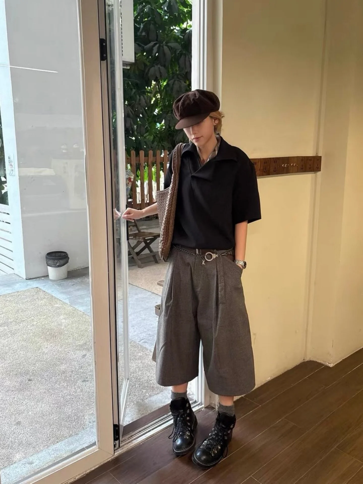Summer Cleanfit Men's Patchwork Deerskin Seven-Foot Pants Pleated Waist Belted Short Casual Loose Fit Straight Leg Trousers