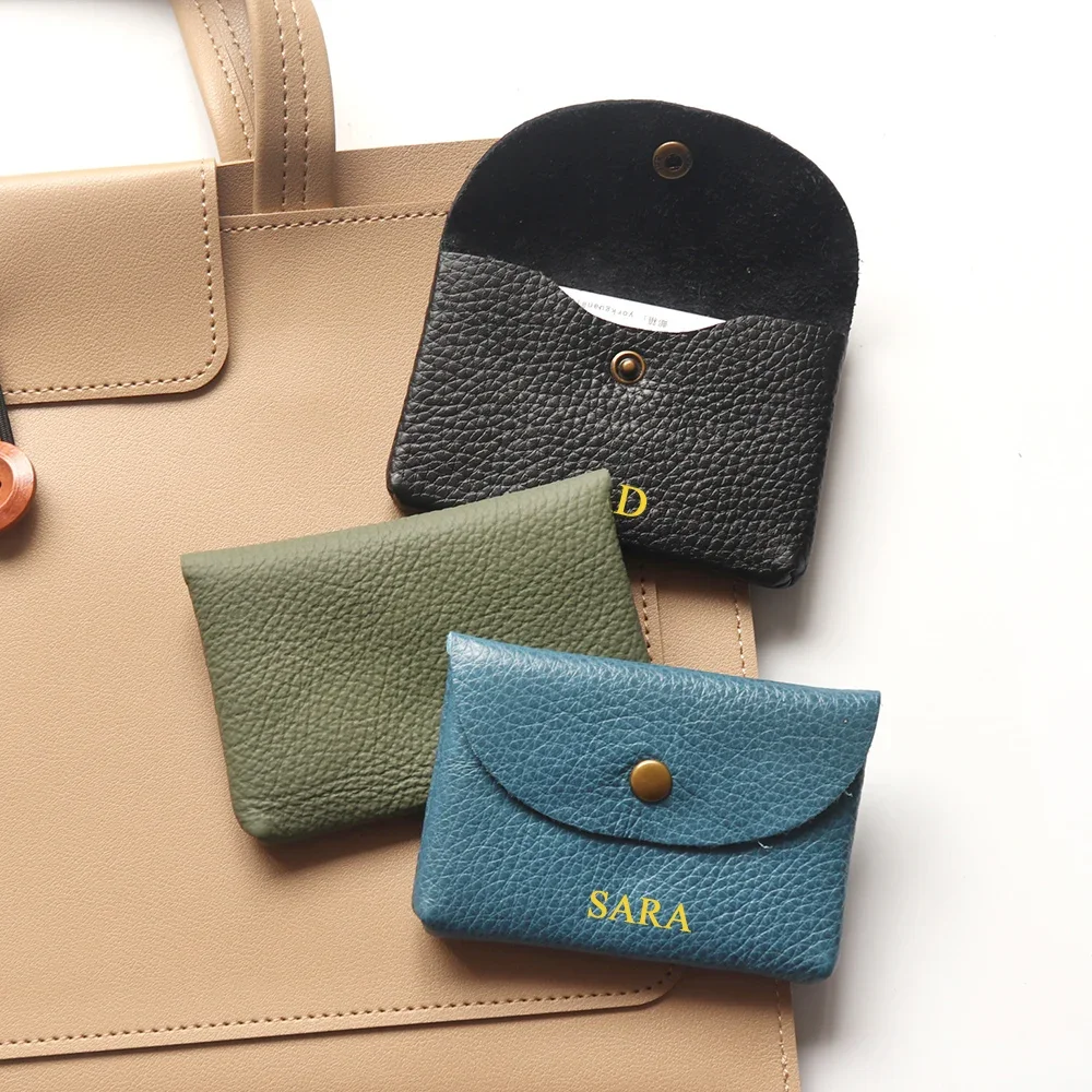 Personalize Genuine Leather Card Holder Simple Classic Soft Cowhide Coin Purse Engrave Letter Mini Envelope Business Card Sleeve