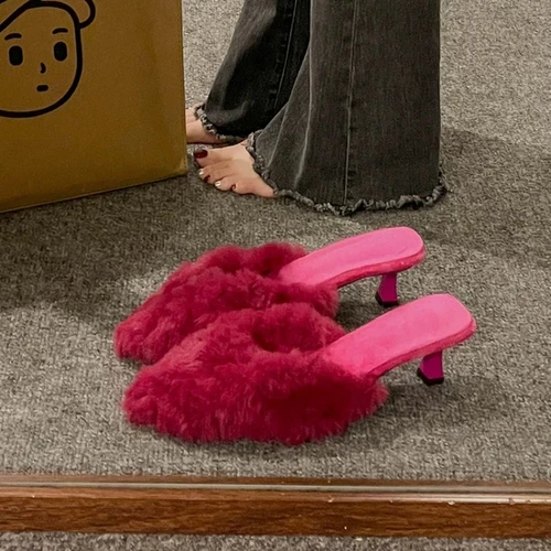 여성용 모피 슬리퍼 따뜻한 뮬 신발, 캐주얼 미드 힐 부츠, 포인티드 토 플러시 슬링백 쪼리 코튼, 2025 겨울 신상 