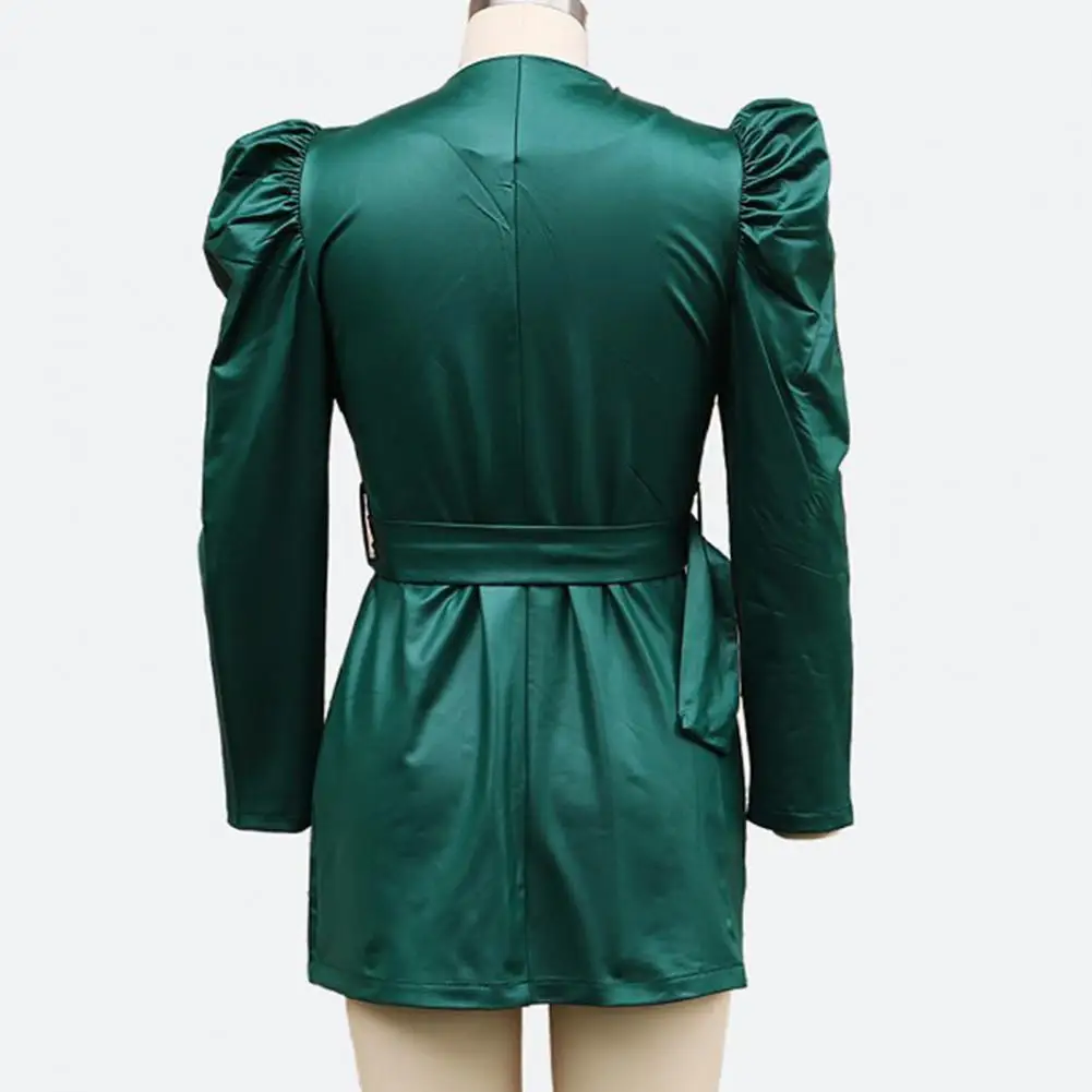 Женское мини-платье из искусственной кожи, элегантное платье с V-образным вырезом, рукавами-пузырьками и поясом на талии, для офиса, покупок, для поездок и осени