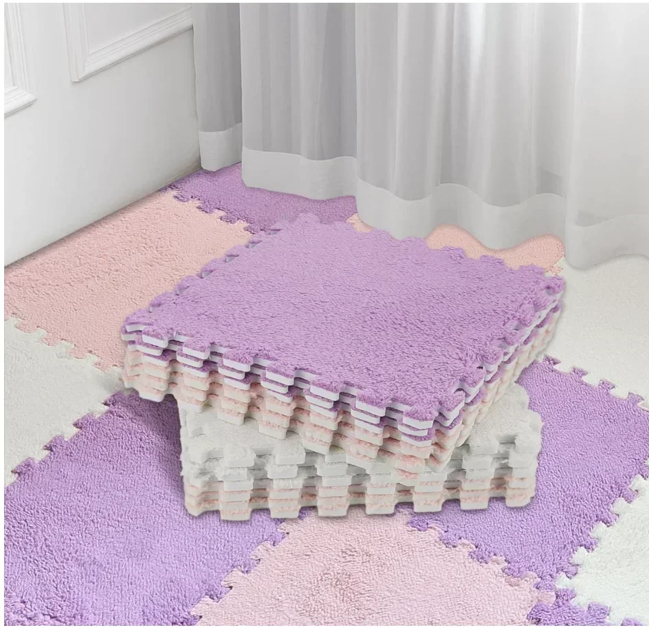 Baby Play Mat Fluffy Pink Bedroom Carpet, Soft and Non-Slip Floor Mat for Kids, Plush Foam Interlocking Tiles with Borders